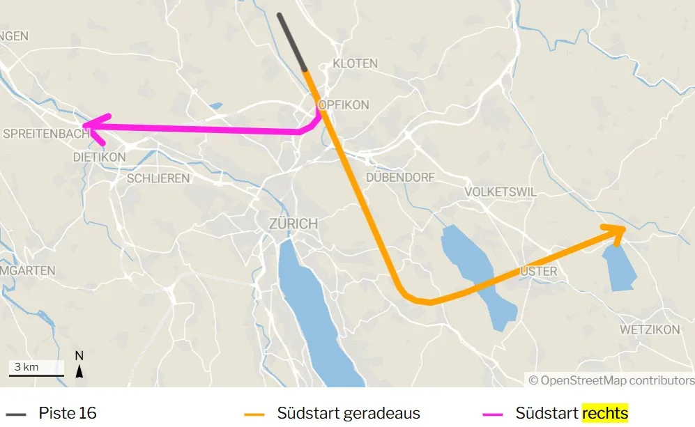 Das Bisenkonzept: der Südstart geradeaus über Dübendorf und Uster (orange) und die Variante nach rechts über die Nordquartiere Zürichs (magenta). Grafik einer Flugroute.